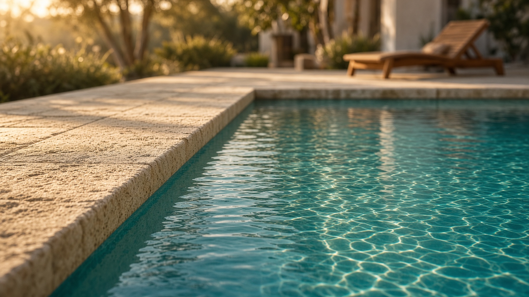 Still turquoise pool water along a limestone deck